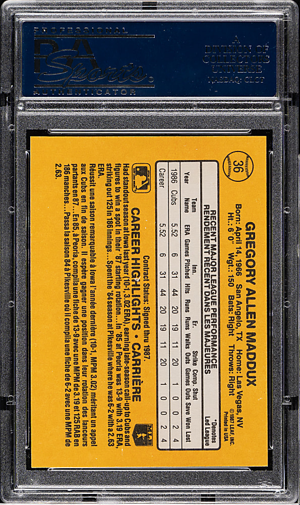 1987 Leaf #36 Greg Maddux Rookie PSA MINT 9