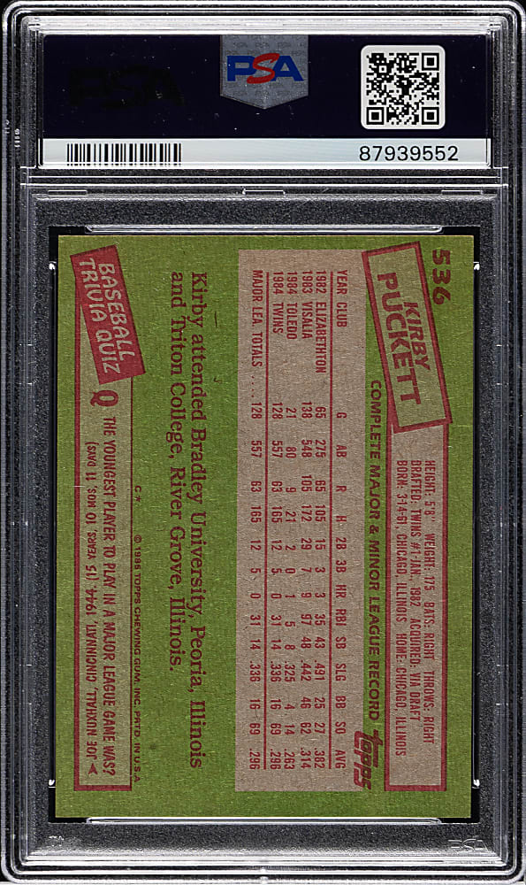 1985 Topps #536 Kirby Puckett Rookie PSA MINT 9