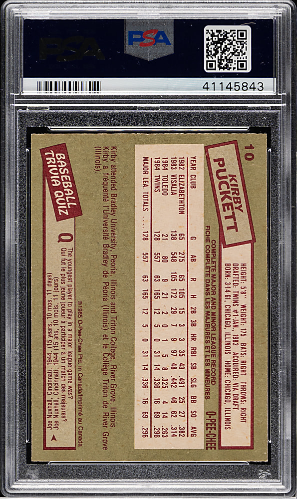 1985 O-Pee-Chee #10 Kirby Puckett Rookie PSA MINT 9