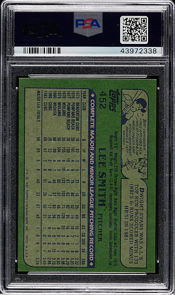 1982 Topps #452 Lee Smith Rookie PSA MINT 9