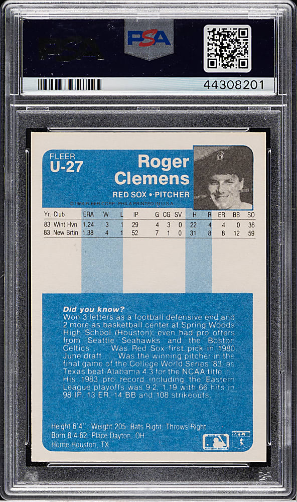 1984 Fleer Update #U-27 Roger Clemens Rookie PSA MINT 9