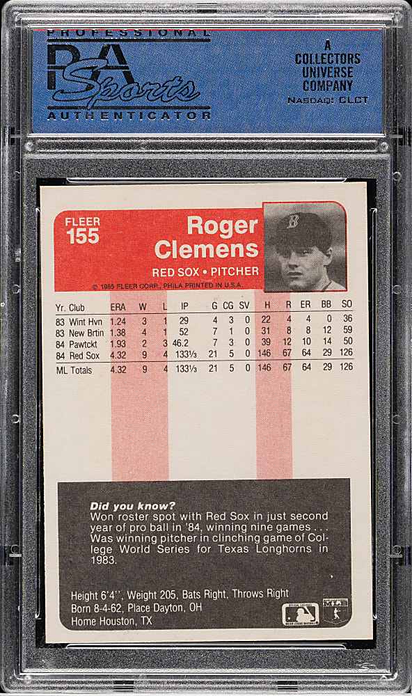 1985 Fleer #155 Roger Clemens Rookie PSA MINT 9