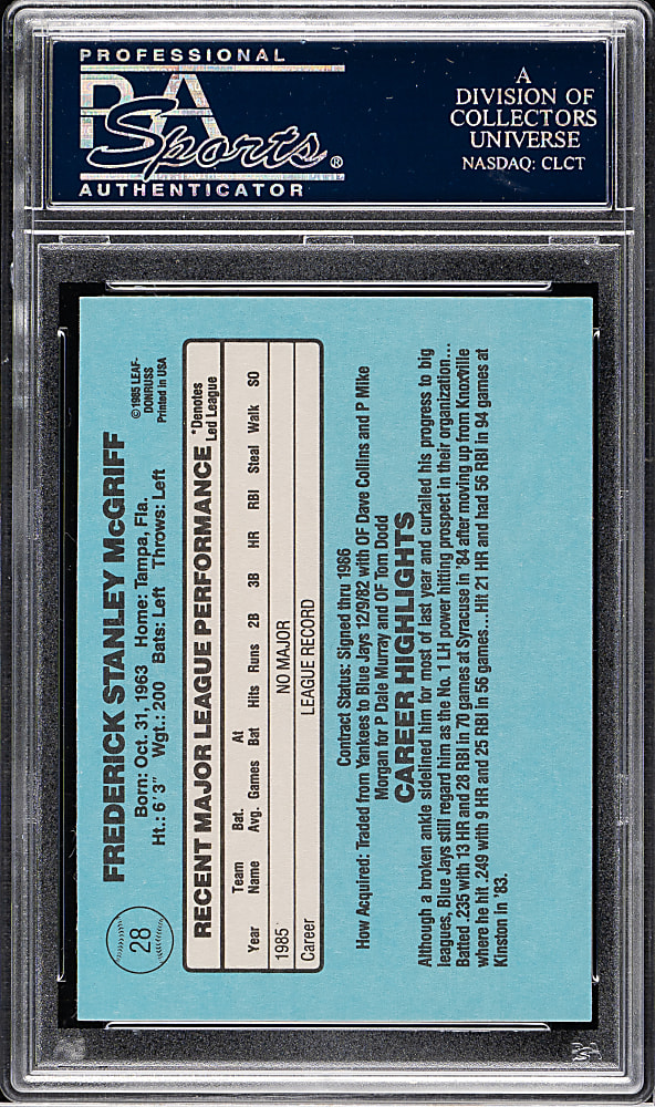 1986 Donruss #28 Fred McGriff Rookie PSA GEM MINT 10