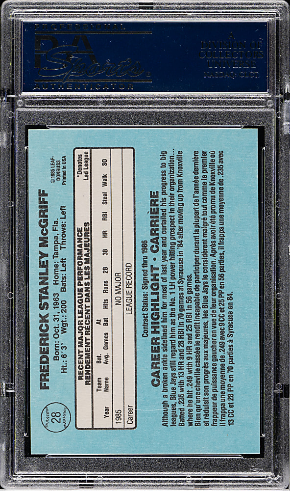 1986 Leaf #28 Fred McGriff Rookie PSA MINT 9