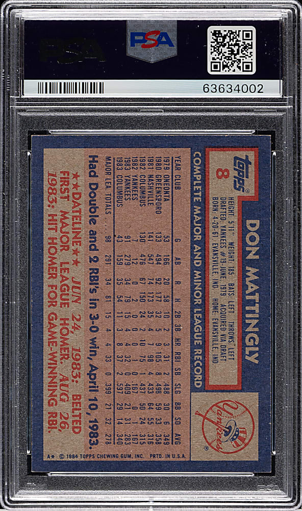 1984 Topps #8 Don Mattingly Rookie PSA MINT 9