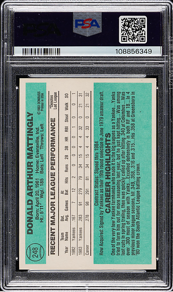 1984 Donruss #248 Don Mattingly Rookie PSA MINT 9