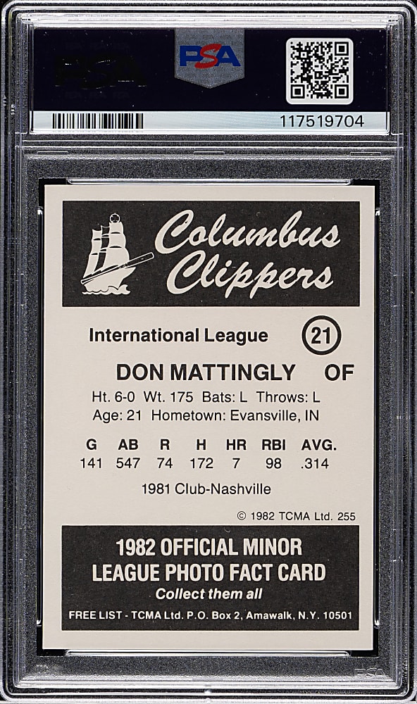 1982 TCMA Columbus Clippers #21 Don Mattingly Pre-Rookie PSA MINT 9