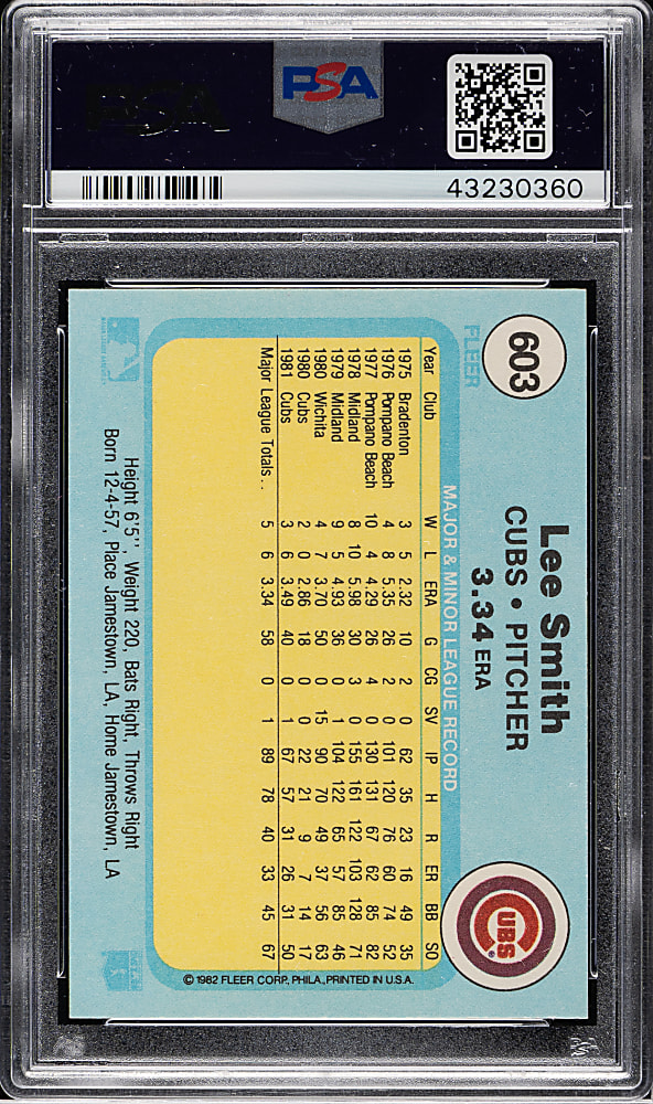 1982 Fleer #603 Lee Smith Rookie PSA GEM MINT 10