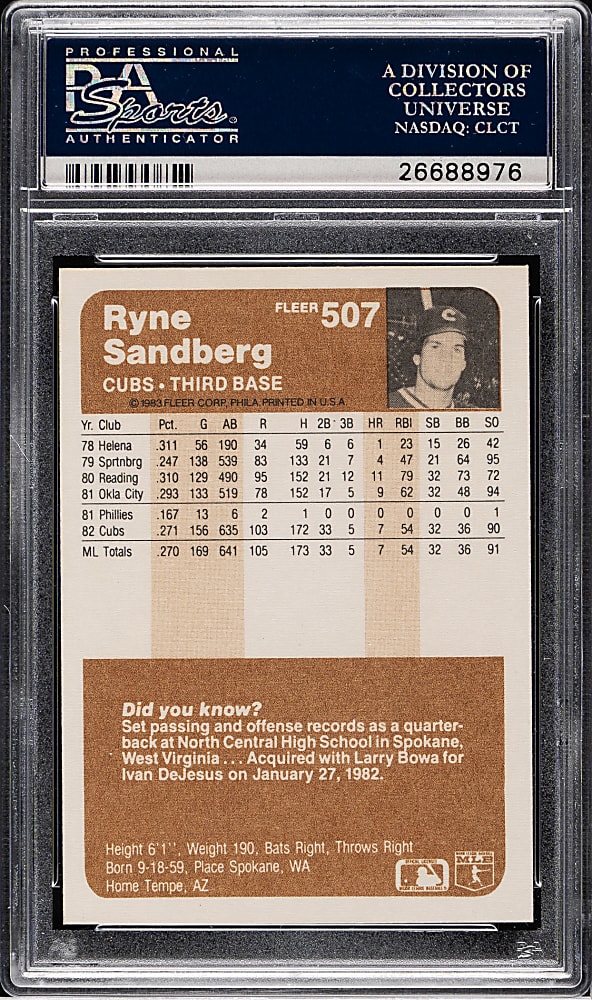 1983 Fleer #507 Ryne Sandberg Rookie PSA GEM MINT 10