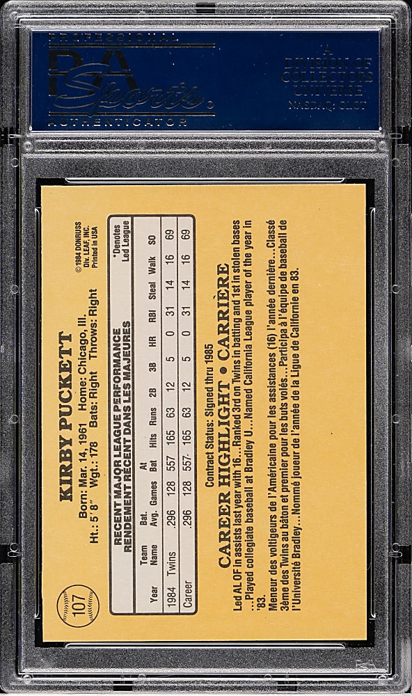 1985 Leaf #107 Kirby Puckett Rookie PSA MINT 9