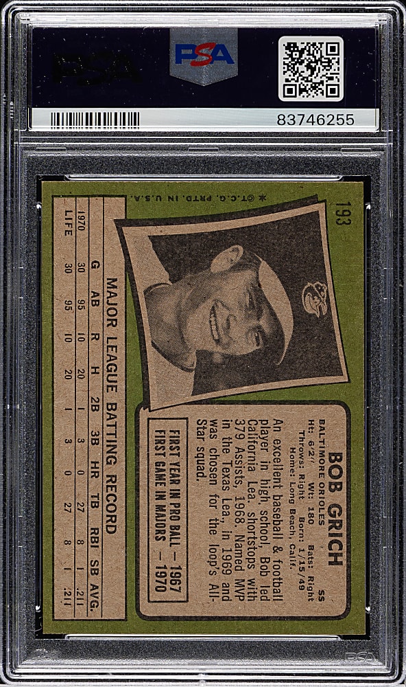 1971 Topps #193 Bob Grich Rookie PSA NM-MT 8