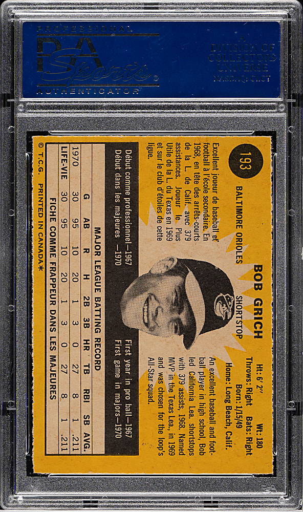 1971 O-Pee-Chee #193 Bob Grich Rookie PSA NM 7