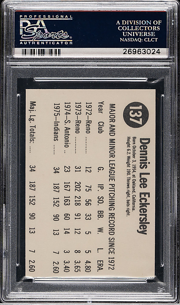 1976 Hostess #137 Dennis Eckersley Rookie PSA MINT 9