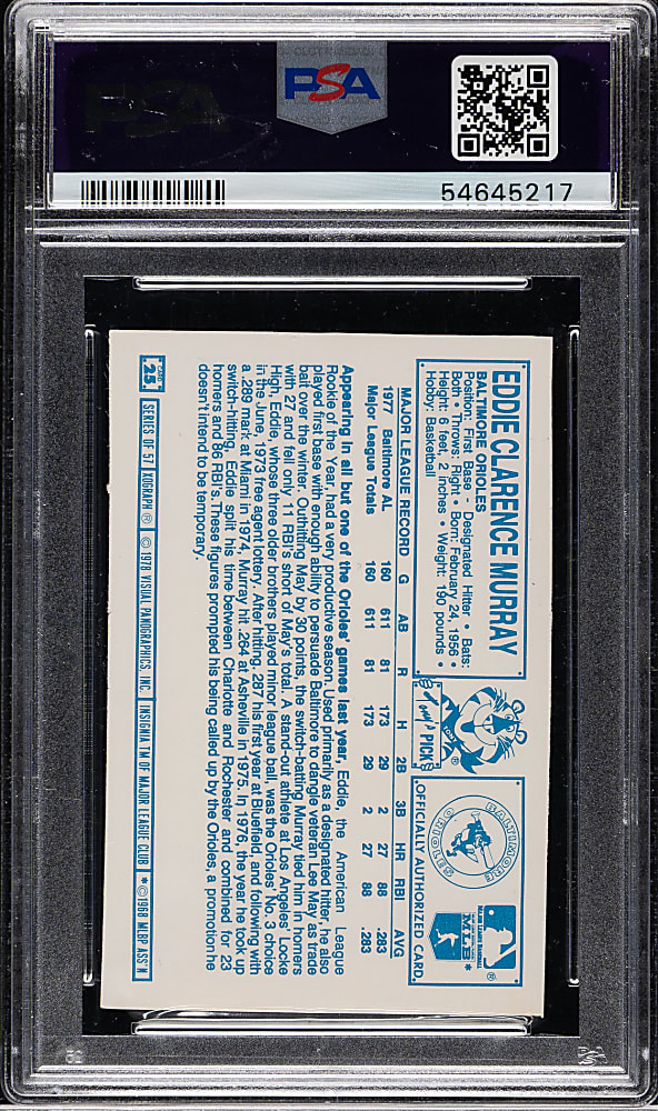 1978 Kellogg's #25 Eddie Murray Rookie PSA MINT 9