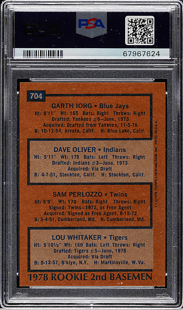 1978 Topps #704 Lou Whitaker Rookie PSA MINT 9