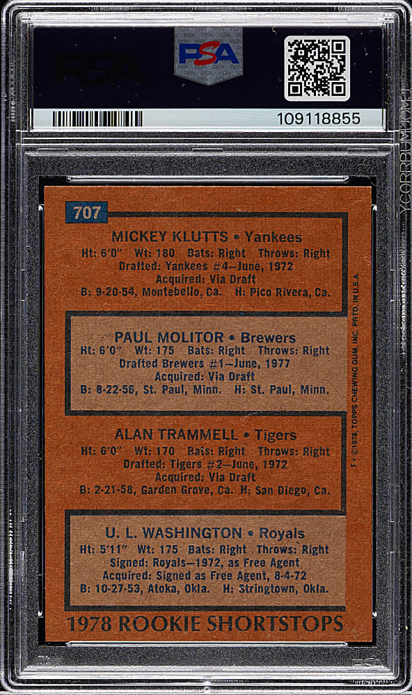 1978 Topps #707 Paul Molitor and Alan Trammell Rookie PSA NM-MT 8