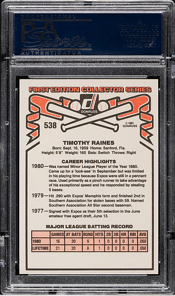 1981 Donruss #538 Tim Raines Rookie PSA GEM MINT 10
