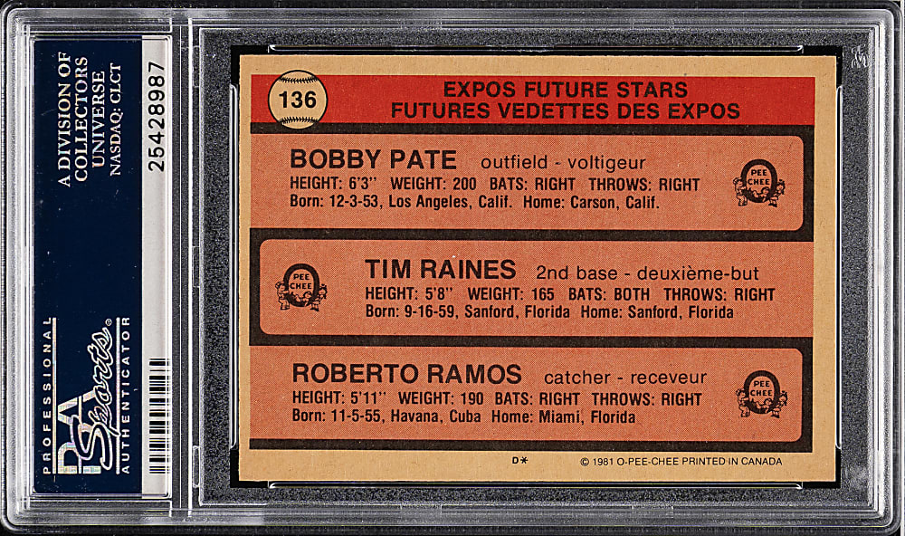 1981 O-Pee-Chee #136 Tim Raines Rookie PSA MINT 9