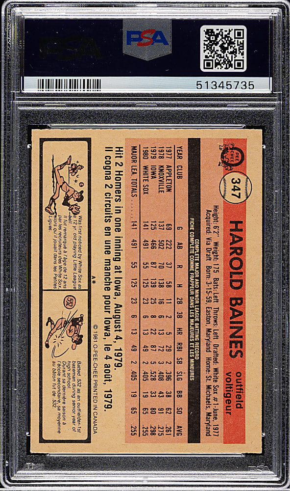 1981 O-Pee-Chee #347 Harold Baines Rookie PSA MINT 9