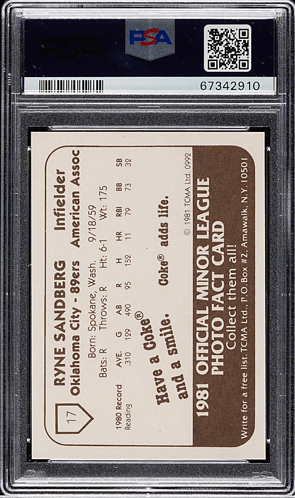 1981 TCMA Oklahoma City 89ers #17 Ryne Sandberg Pre-Rookie PSA MINT 9
