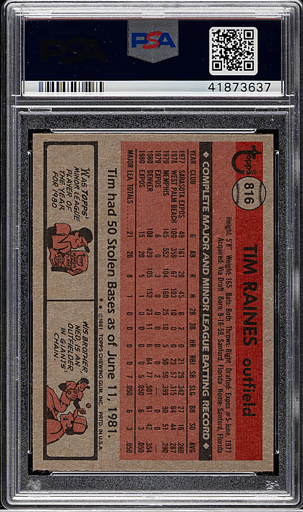 1981 Topps Traded #816 Tim Raines Rookie PSA MINT 9