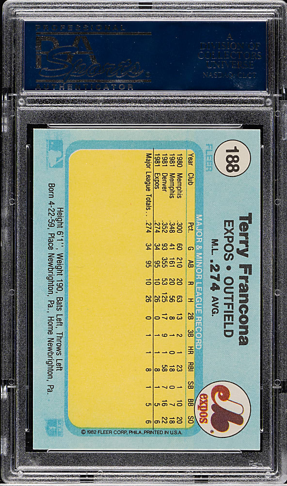 1982 Fleer #188 Terry Francona Rookie PSA GEM MINT 10