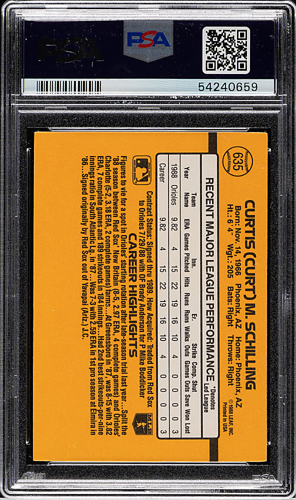 1989 Donruss #635 Curt Schilling Rookie PSA GEM MINT 10