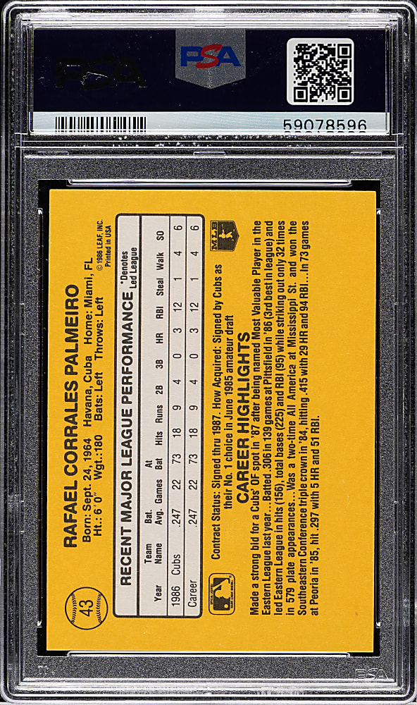 1987 Donruss #43 Rafael Palmeiro Rookie PSA GEM MINT 10