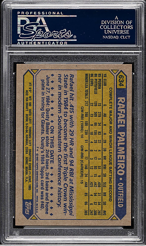 1987 Topps #634 Rafael Palmeiro Rookie PSA GEM MINT 10