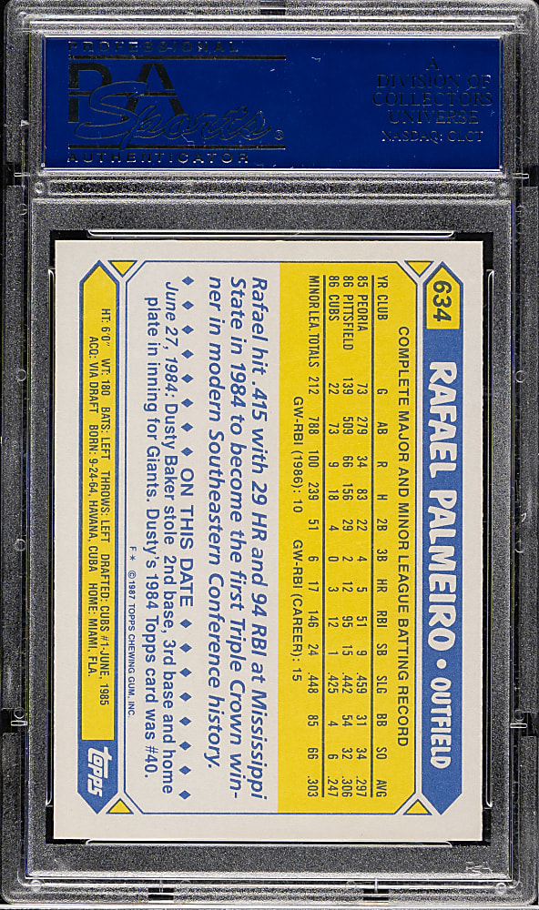 1987 Topps Tiffany #634 Rafael Palmeiro Rookie PSA GEM MINT 10