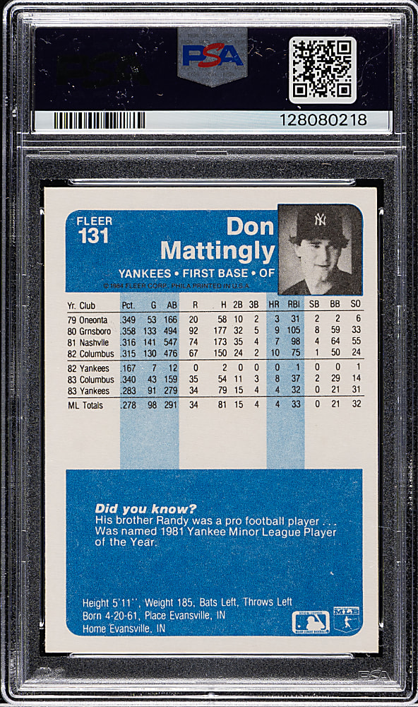 1984 Fleer #131 Don Mattingly Rookie PSA GEM MINT 10
