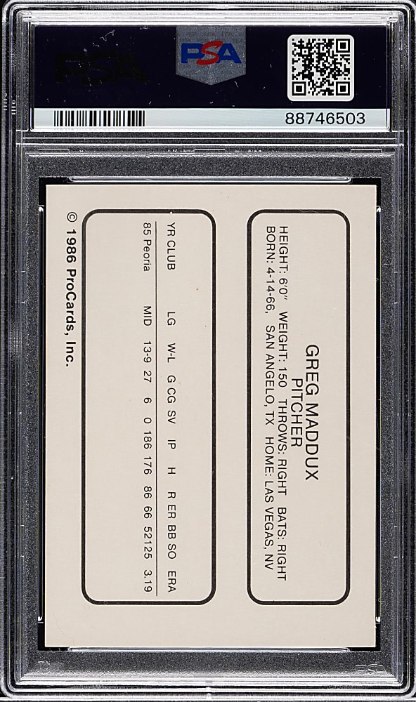 1986 Procards Pittsfield Cubs Greg Maddux Pre-Rookie PSA MINT 9