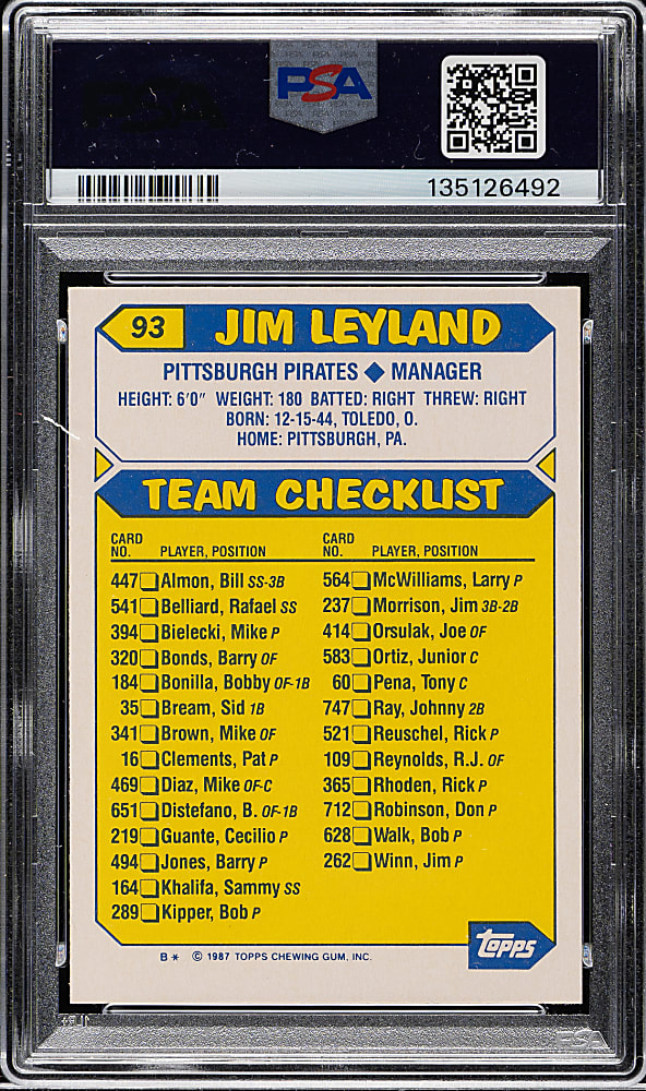 1987 Topps Tiffany #93 Jim Leyland PSA MINT 9