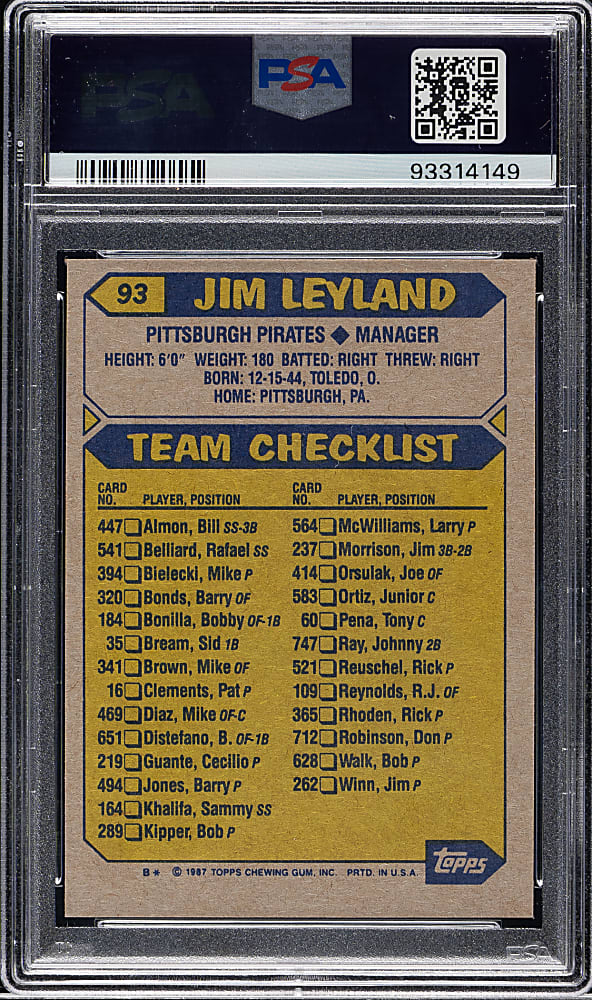 1987 Topps #93 Jim Leyland PSA GEM MINT 10