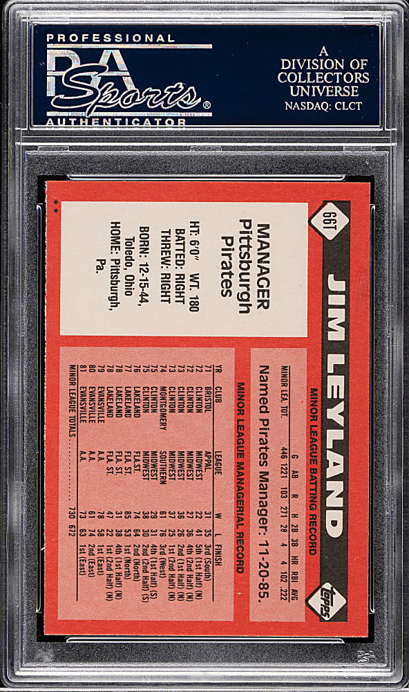 1986 Topps Traded #66T Jim Leyland PSA GEM MINT 10