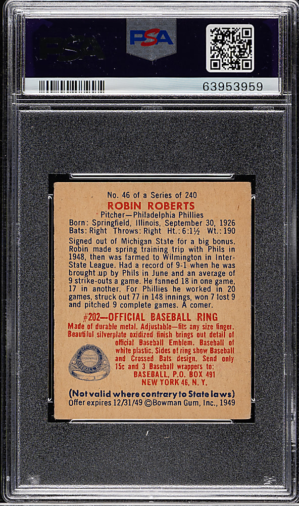 1949 Bowman #46 Robin Roberts Rookie PSA EX 5