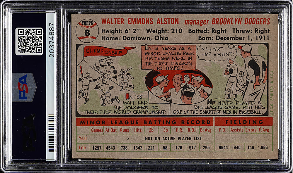 1956 Topps #8 Walter Alston Gray Back PSA NM-MT 8