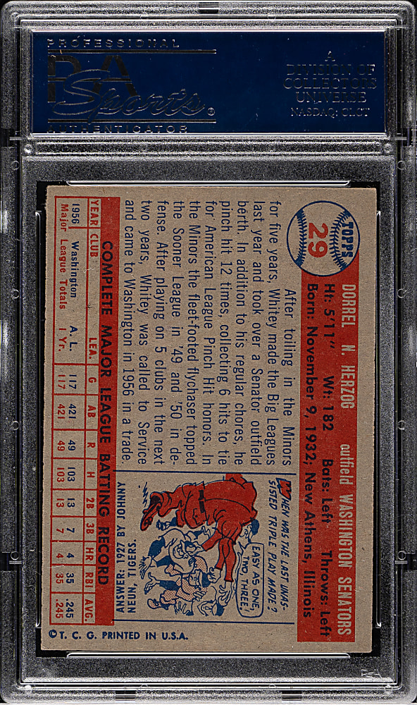 1957 Topps #29 Whitey Herzog PSA NM-MT 8