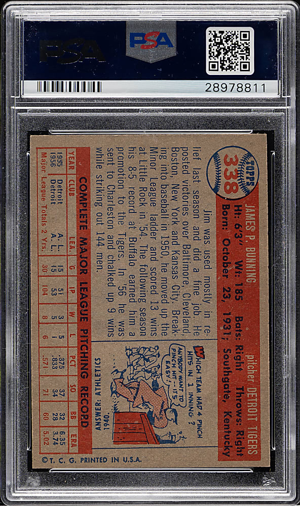 1957 Topps #338 Jim Bunning Rookie PSA NM 7