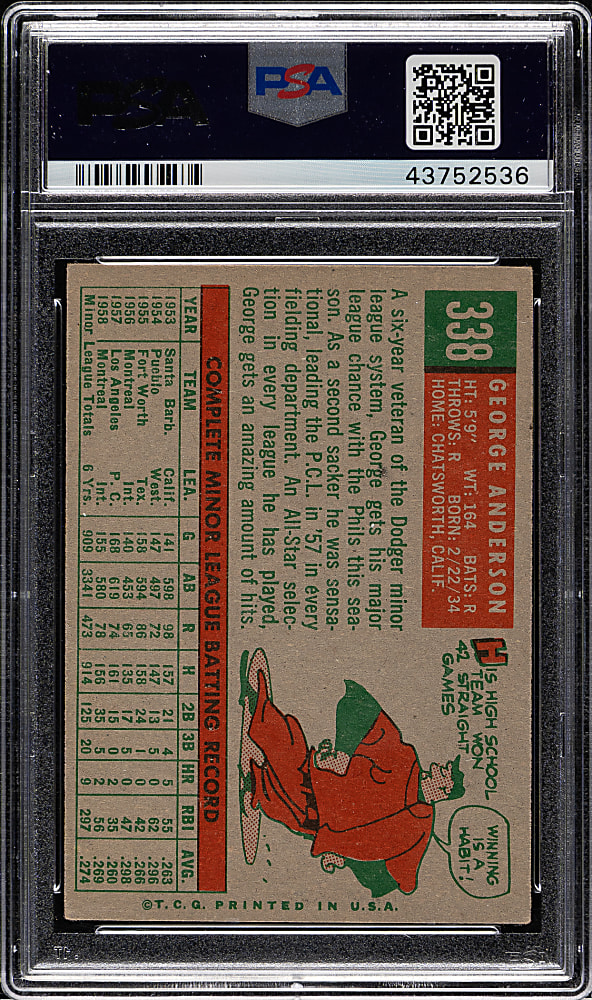 Signed 1959 Topps #338 George Anderson Rookie PSA VG-EX 4 with GEM MINT 10 Signature