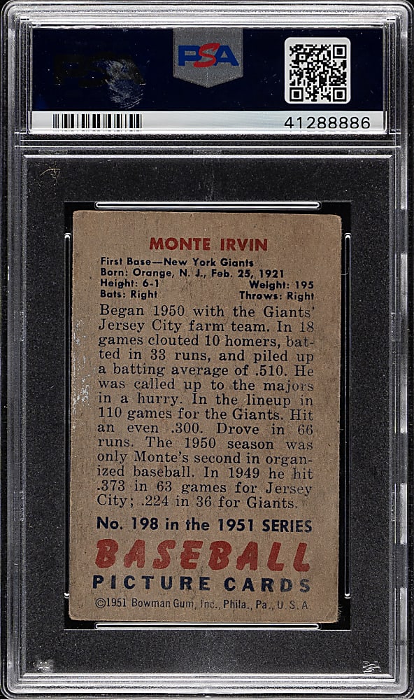 Signed 1951 Bowman #198 Monte Irvin Rookie PSA/DNA GEM MINT 10