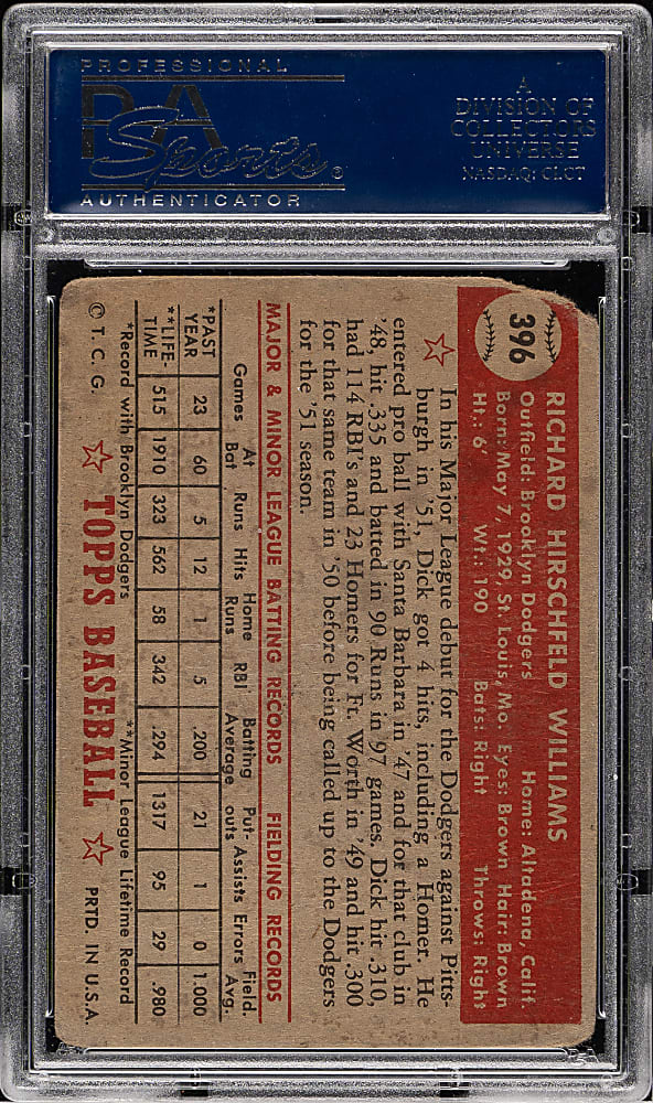 Signed 1952 Topps #396 Dick Williams High Number with "H.O.F. 2008" Inscription - PSA/DNA