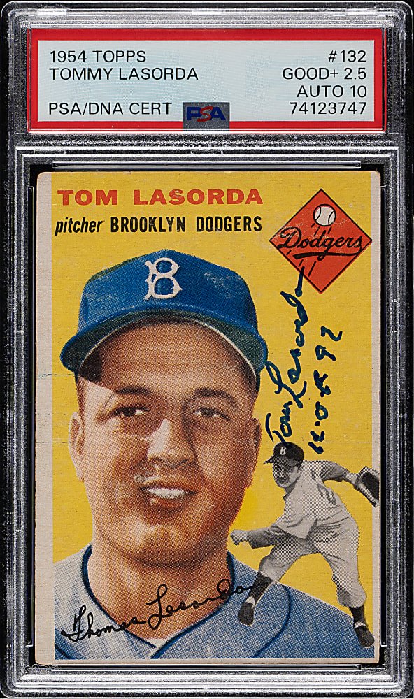 Signed 1954 Topps #132 Tommy Lasorda Rookie PSA GOOD+ 2.5 with GEM MINT 10 Signature