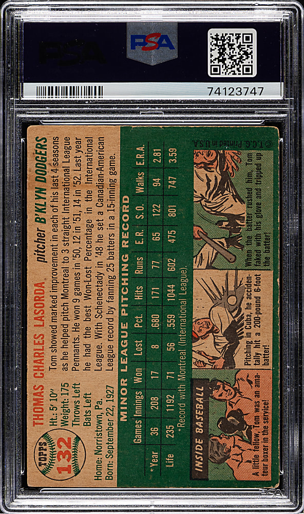 Signed 1954 Topps #132 Tommy Lasorda Rookie PSA GOOD+ 2.5 with GEM MINT 10 Signature
