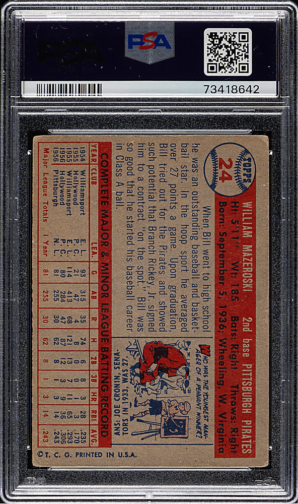 Signed 1957 Topps #24 Bill Mazeroski Rookie PSA/DNA GEM MINT 10