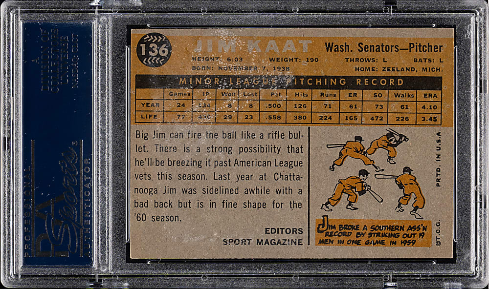 1960 Topps #136 Jim Kaat Rookie PSA NM 7