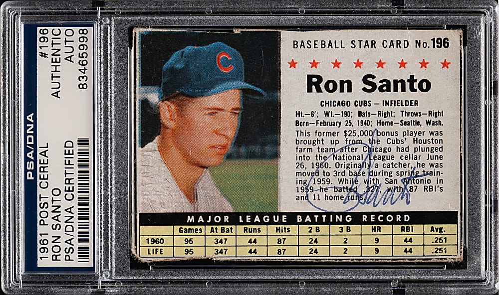 Signed 1961 Post Cereal #196 Ron Santo Rookie - PSA/DNA
