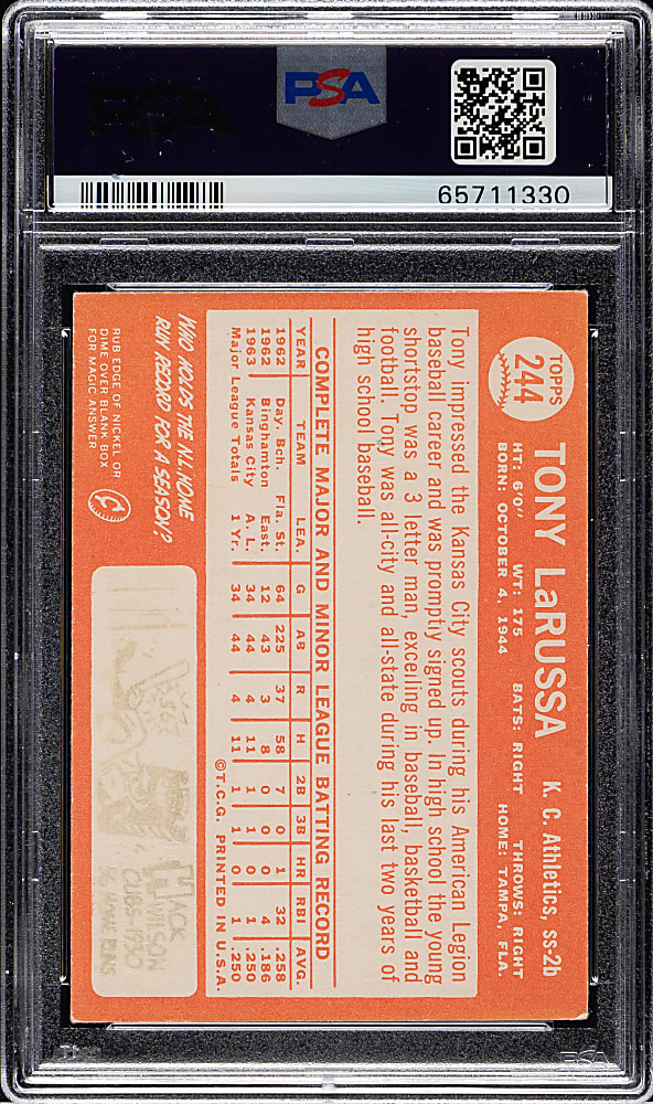 Signed 1964 Topps #244 Tony LaRussa Rookie PSA VG-EX 4 with GEM MINT 10 Signature