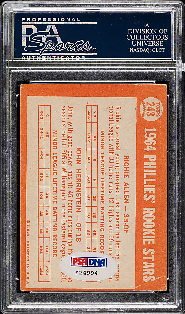 Signed 1964 Topps #243 Dick Allen Rookie PSA/DNA GEM MINT 10