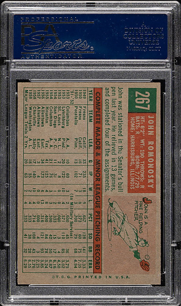 1959 Topps #267 John Romonosky PSA MINT 9 - Highest Graded!